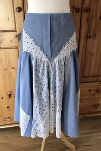 Blauer Vintage Rock Gr. 12 80er EUR 38 Western Chambray Spitze Country Boho Maxi - Bild 1 von 12