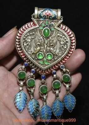 4.8" Old Chinese Silver inlay Green gem 2 crane necklace amulet pendant - Image 1 of 4