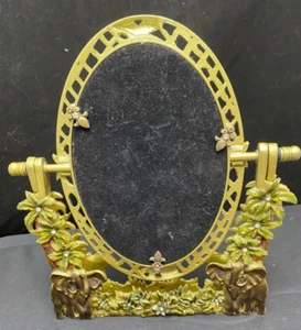Goldtone Vanity Mirror Decorated With Elephants And Palm Trees - Picture 1 of 3