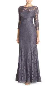 Adrianna Papell Charcoal Grey Lace Beaded 3/4 Sleeve Gown Size 2 $389 - Picture 1 of 4