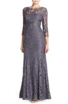 Adrianna Papell Charcoal Grey Lace Beaded 3/4 Sleeve Gown Size 2 $389 - Image 1 of 4