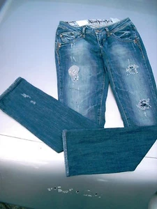 TRF DENIM DISTRESSED Blue JEANS 30" WAIST DIAMOND SPARKLE MADRES INNER BAND - Picture 1 of 11