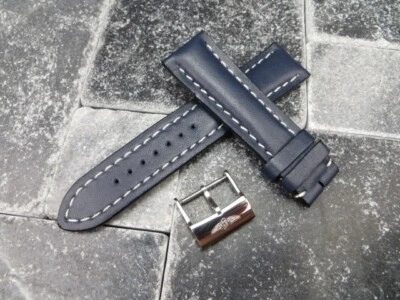 24mm CALF Leather Strap Blue Watch Band with OEM BREITLING Tang Buckle White R - Image 1 of 4