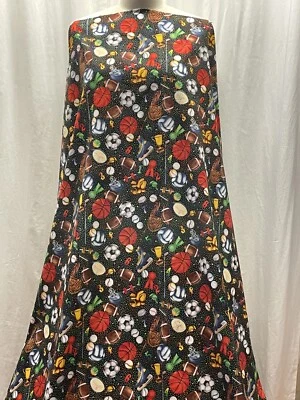 100% Cotton Sports Themed Objects & Icons on Black Fabric 2.75 Yards & 42" Wide - Image 1 of 4