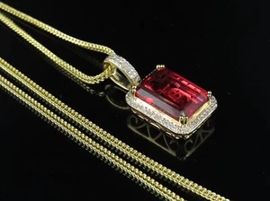 Gold Royal Red Lab Created Ruby Real Diamond Charm Pendant Chain Set .25Ct - Picture 1 of 9
