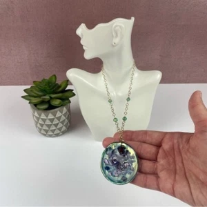 Bolivia 14K Gold AU Murano Blue Green Glass Pendant Necklace Vintage Boho - Picture 1 of 7