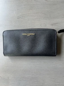 Karl Lagerfeld Paris Schwarz Leder Umlaufender Reißverschluss Continental Lange Geldbörse Neu - Bild 1 von 7