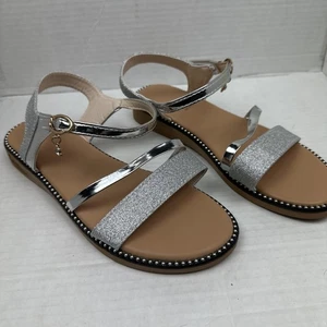 Flache Damen-Sandalen silberfarben Glitzer – Größe 7 – offene Zehenpartie, Knöchelriemen - Bild 1 von 4