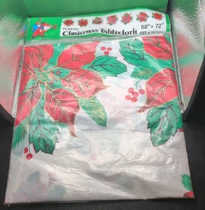 NEW Vintage Plastic Christmas Tablecloth 52x72" Red Poinsettias on Greenery - Picture 1 of 2