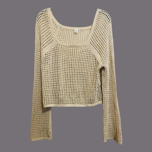 Old Navy Boho Fairy Open Stitch Knit Cropped Boucle Sweater Crochet Ivory M - Picture 1 of 9