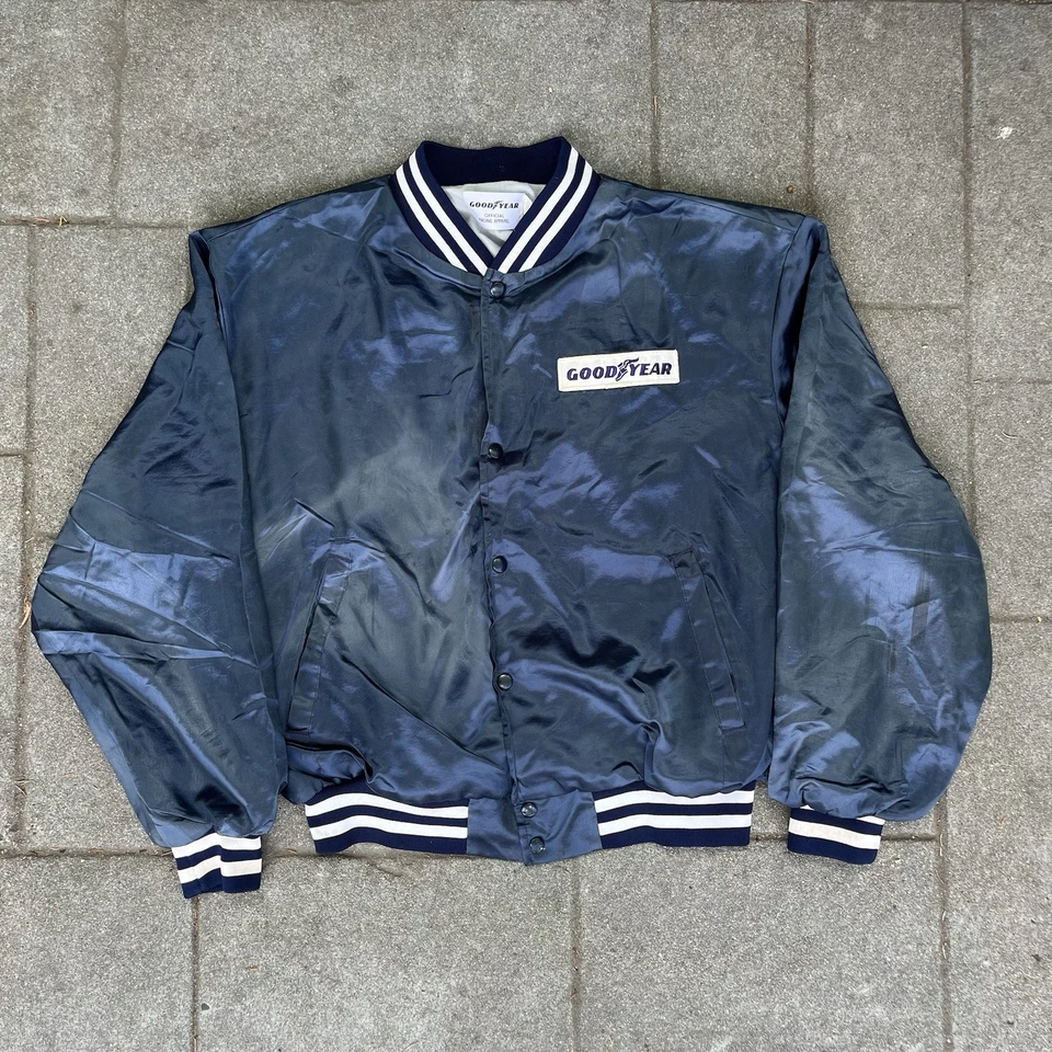 Chaqueta de bombardero Goodyear Racing vintage años 80 satinada cierre a presión universitaria talla M Foto 1 de 4