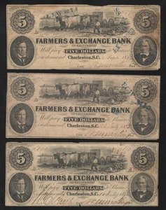 DEALERS LOT of (3) 1853 $5 CHARLESTON, SC FARMERS & EXHANGE BANK OBSOLETE 3771 - Picture 1 of 2