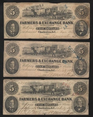 DEALERS LOT of (3) 1853 $5 CHARLESTON, SC FARMERS & EXHANGE BANK OBSOLETE 3771 - Image 1 of 2