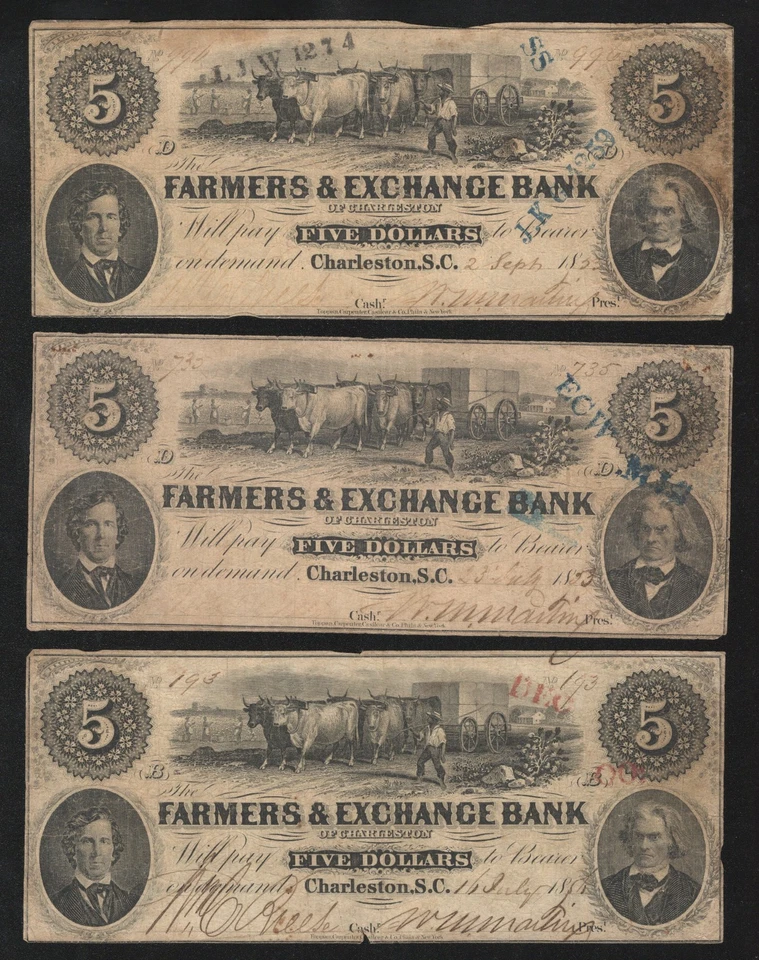 DEALERS LOT of (3) 1853 $5 CHARLESTON, SC FARMERS & EXHANGE BANK OBSOLETE 3771 - Image 1 of 2