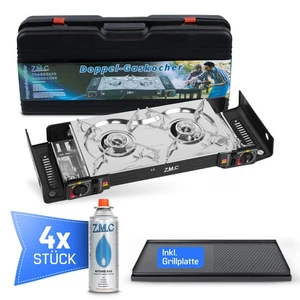 2 flammig Campingkocher Outdoor Camping Gas Kocher Grillplatte + 4x Gaskartusche - Bild 1 von 9