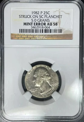 ***Wrong Metal *** 1982-P Washington Quarter Struck on 5c Blank AU-58 -Lot H690 - Image 1 of 3