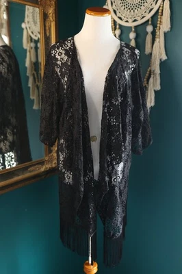 Womens Kimono Black Lace Crochet Fringe Duster Festival Whimsigoth Witchy Emo L - Image 1 of 4