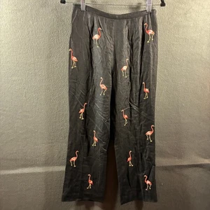 Vintage Damen Leinenhose 6 schwarz bestickt Flamingo Neuheit Strand Urlaub - Bild 1 von 7