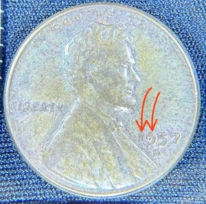 1957-D Lincoln Head Penny Error In Date - Full 9, Cudded 1 - Cud In Wheat Stalk - Picture 1 of 3