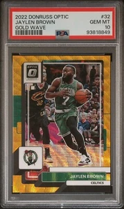 2022-23 Panini Donruss Optic Jaylen Brown /10 PSA 10 gemme GOLD WAVE PRIZM #32 SSP - Foto 1 di 2
