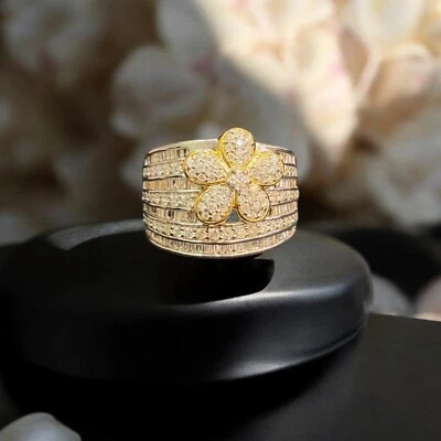 Pave 1.49 Cts Round Baguette Cut Diamonds Anniversary Band Ring 14K Yellow Gold - Image 1 of 4