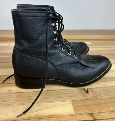 Justin Roper Botas Negras Con Cordones Juveniles Talla 6 D Kiltie Cuero Estilo 0620Y Foto 1 de 4