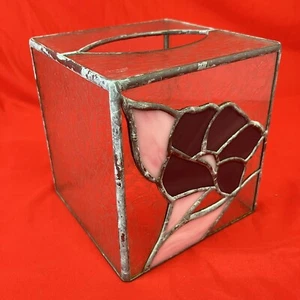 Vintage Leaded Stained Glass Tissue Box Cover / Pink Flower / Handmade 5” - Picture 1 of 10