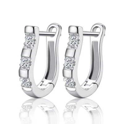 925 Placcato Argento Forma a U Cristallo Lucente Orecchio Cuore Regalo - Immagine 1 di 3