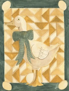 OrIgInAl FoLk ART WaTeRCoLoR PaInTiNg GooSe YeLLow GreeN BoW QuIlT FlYiNg EggS - Picture 1 of 8