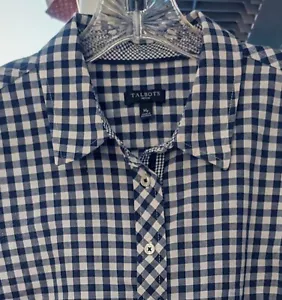 TALBOTS Top Blouse Navy Blue & White Check Gingham 100% Cotton Med Petite - Picture 1 of 13
