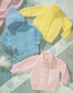494 BOY GIRLS ARAN CABLE CARDIGANS & HOODIE 18 TO 24" VINT KNITTING PATTERN COPY - Picture 1 of 2