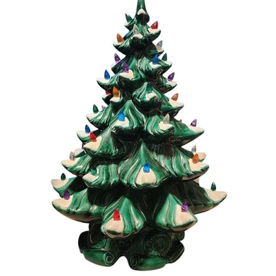 VTG 1968 2 Piece Ceramic Christmas Tree Snowy With Lights Retro  Holiday Decor - Image 1 of 4