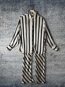 DISSH 2 Piece Shirt Pants Set Womens US 4 Black Beige Stripe Elastic Waist Flowy - Picture 1 of 15