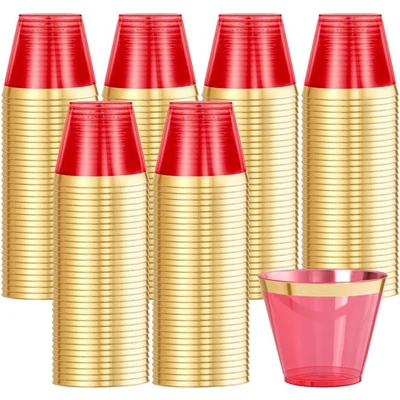 supernal 100-Pcs 9oz Red Plastic Cups with Gold Rim - Wine, Cocktails, Parties - Image 1 of 4