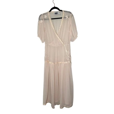 回收复古连衣裙 12 码粉色刺绣花边装饰透明 Midi — 第 1/4 张图片