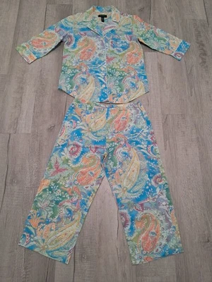 Conjunto de pijama recortado de algodón cachemir talla M Lauren Ralph Lauren logotipo bordado Foto 1 de 4