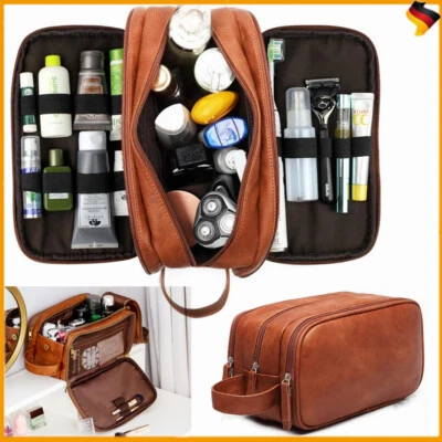 Kulturtasche Herren Leder Kosmetiktasche Waschtasche Aufhängen Kulturbeutel Groß - Bild 1 von 4