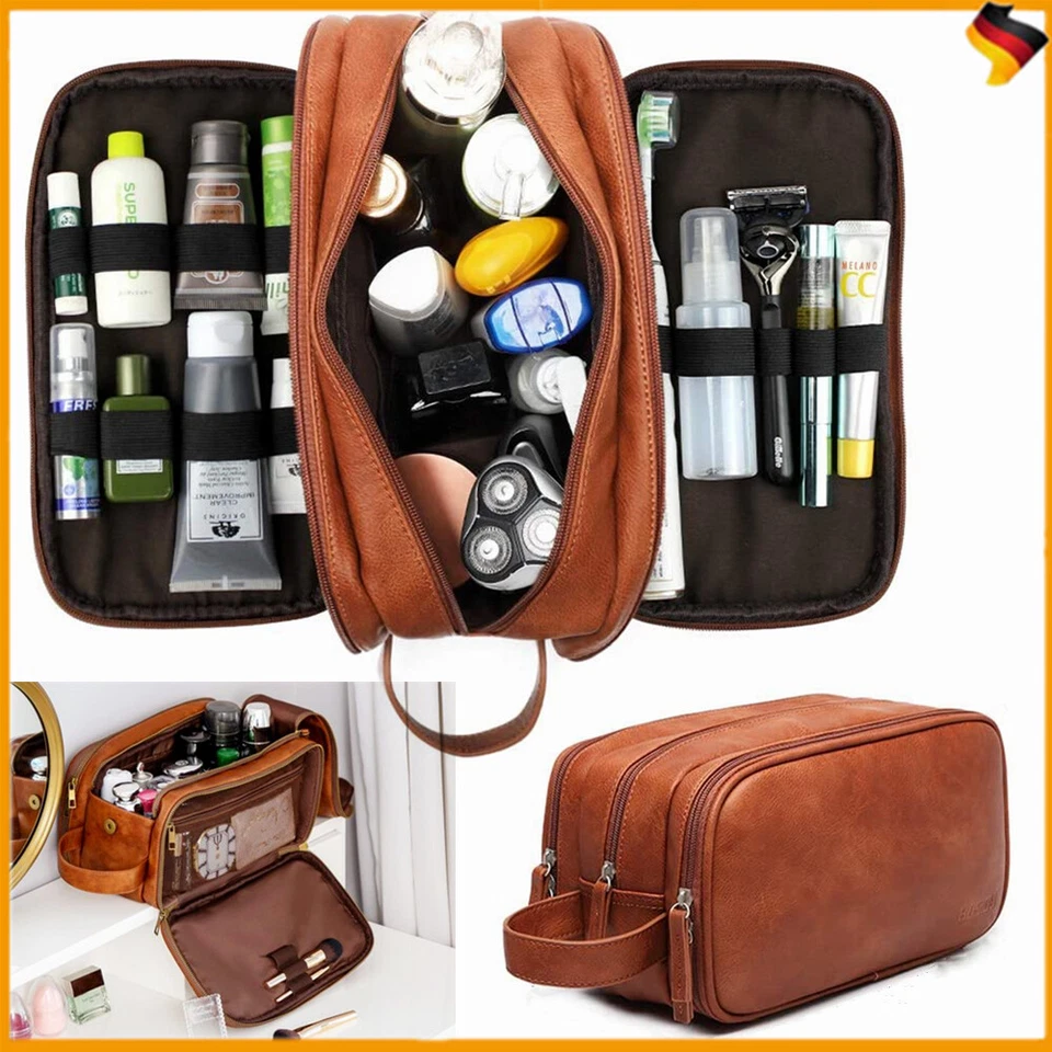 Kulturtasche Herren Leder Kosmetiktasche Waschtasche Aufhängen Kulturbeutel Groß - Bild 1 von 4