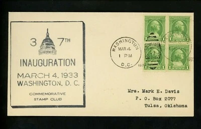 Día de la Inauguración de Estados Unidos FDC Franklin D Roosevelt FDR 1933 Comm Stamp Club FDR-I-20 Foto 1 de 2