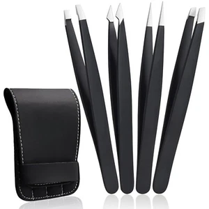 Professional Tweezers Set 4-Piece Stainless Eyebrow Hair Pluckers Removal + Case - Picture 1 of 9