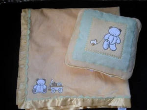 Baby Connection Infant Yellow Green Blanket Bear Wagon Matching Pillow NEW - Picture 1 of 8