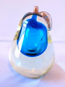 Murano Sommerso Art Glass Paperweight Pear Tuquoise Blue Amber Clear Gold Flecks - Picture 1 of 7