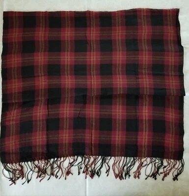 Womens Anne Klein Shawl Scarf Colorful Black Red Burgandy Plaid Fringe 28 x 78 - Image 1 of 4
