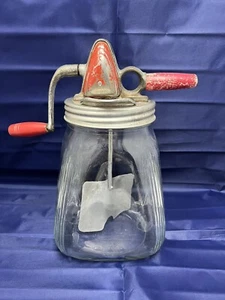 Butter Churn Glass 8qt SCC w/metal Paddle Pouring Spout w/holes Antique - Picture 1 of 10