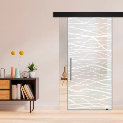 40" x 84" Single Sliding Glass Barn Door Frosted Design & Black Cover Plate - Image 1 of 4