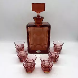 Moser Rosalyn Ice Square Lobed Decanter 6 Shot Glass Set Bar Boss Cubism Signed - Picture 1 of 12