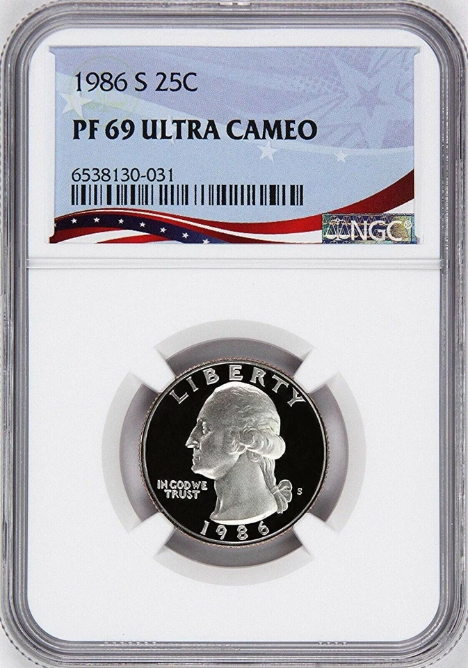 1986-S Washington Proof Quarter, Graded PF69 Ultra Cameo by NGC, Patriotic Label - Image 1 of 4