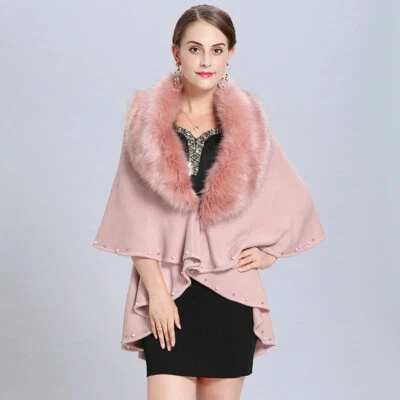Women Faux Fur Collar Cape Knitted Cardigan Warm Cloak Poncho Wrap Outerwear Top - Image 1 of 4