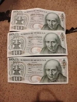 1977 年墨西哥银行 10 美元纸币意甲 1EQ 3 件 — 第 1/2 张图片