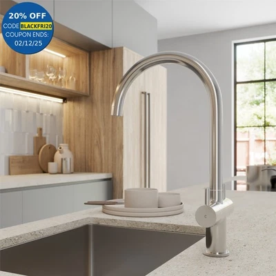 Kitchen Sink Mixer Tap Dual Lever Modern Mono Curved Swivel Spout Swan Chrome - Image 1 of 4